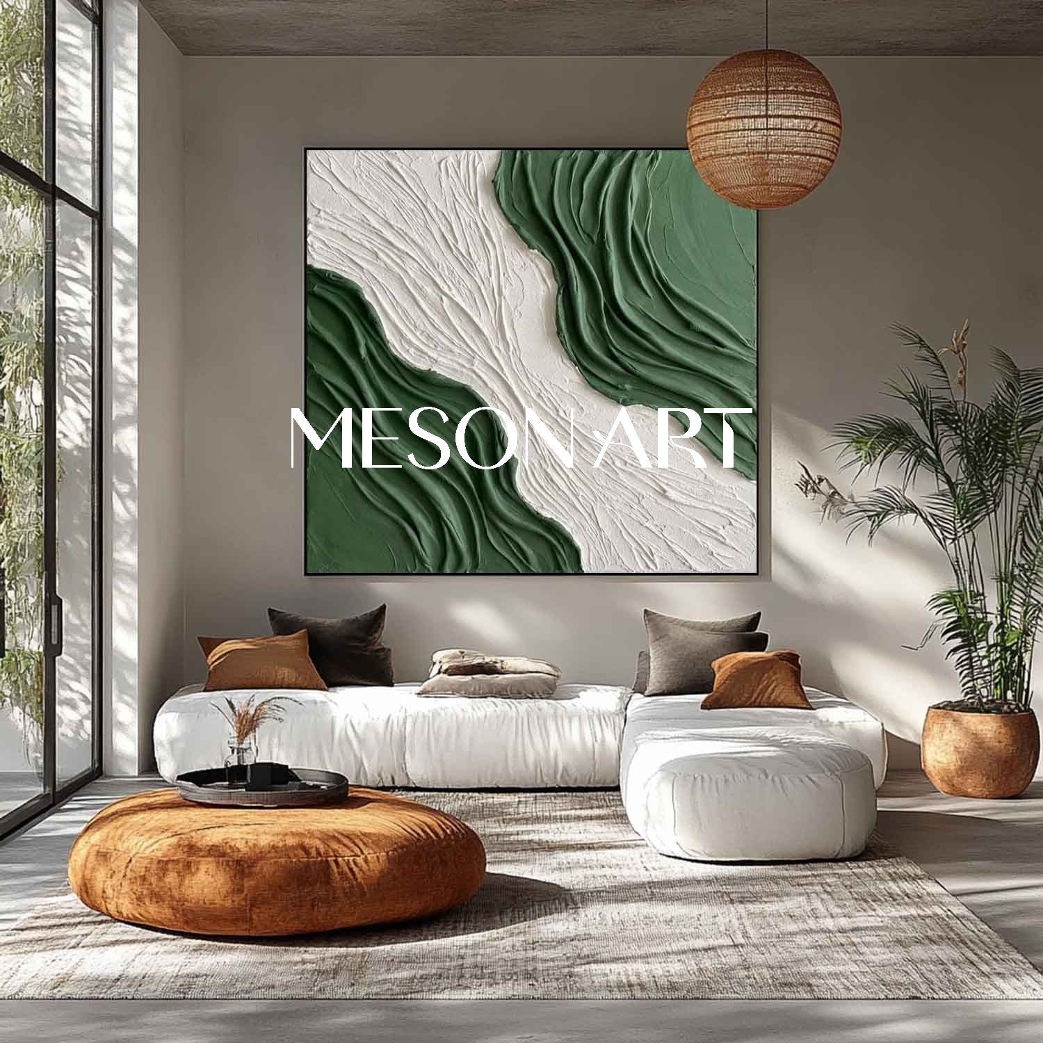 White And Green Living Room Wall Art 3D Green Wave Texture Painting