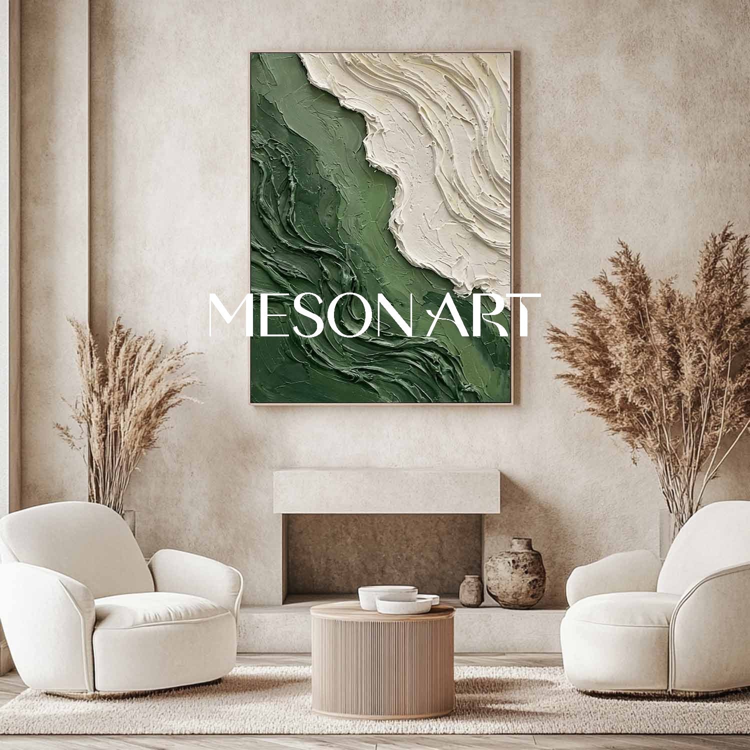 Oversized Forest Green Abstract Canvas | Textured Crashing Wave Art