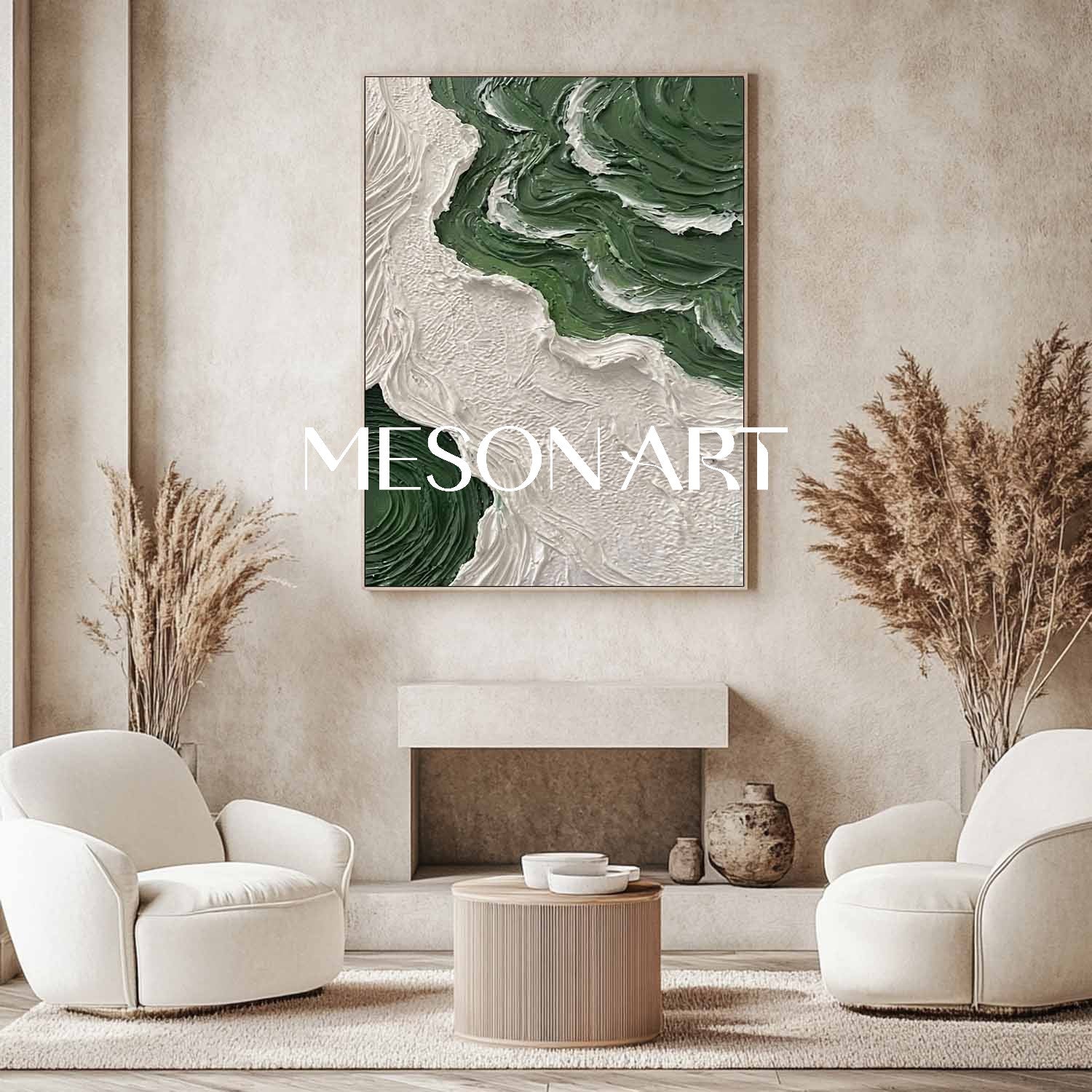 Emerald Green and White Art Diagonal Fluid Abstract Painting Forest Green Abstract River Painting