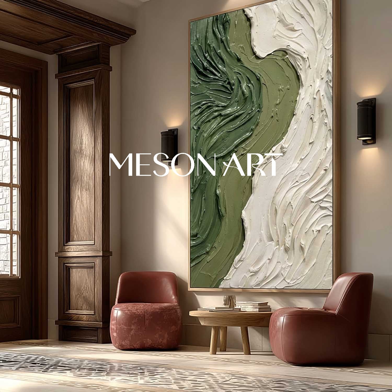 Staircase Landing Wall Decor Dark Green Canvas Art Modern Two Tone Art
